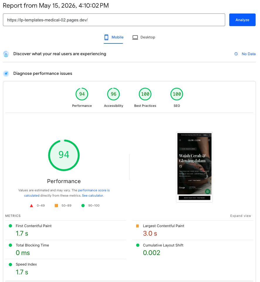 PageSpeed Insights 98/100. Performance, Accessibility, Best Practices, SEO.