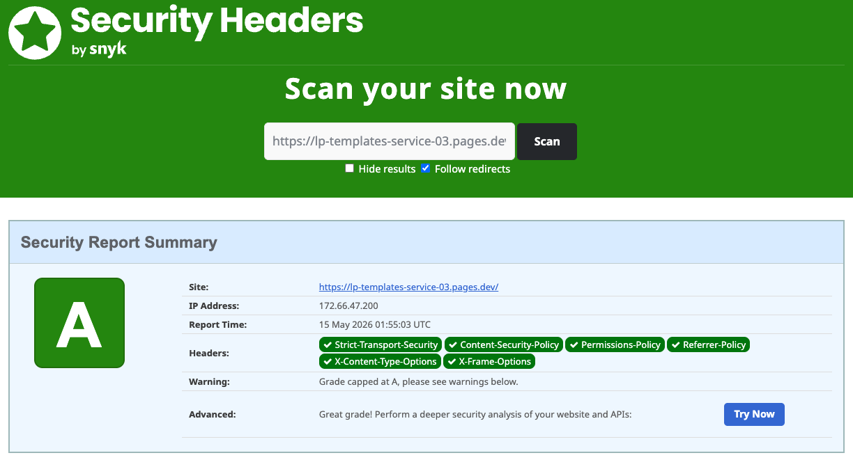SecurityHeaders.com Grade A. All major headers present.
