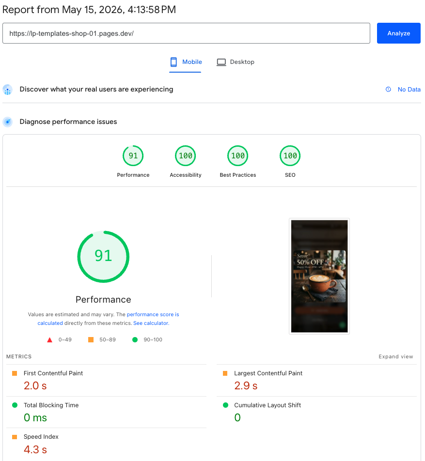 PageSpeed Insights 98/100. Performance, Accessibility, Best Practices, SEO.