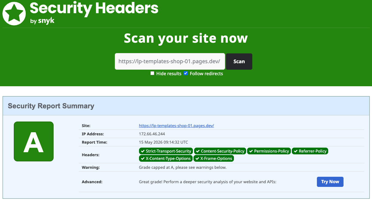SecurityHeaders.com Grade A. All major headers present.