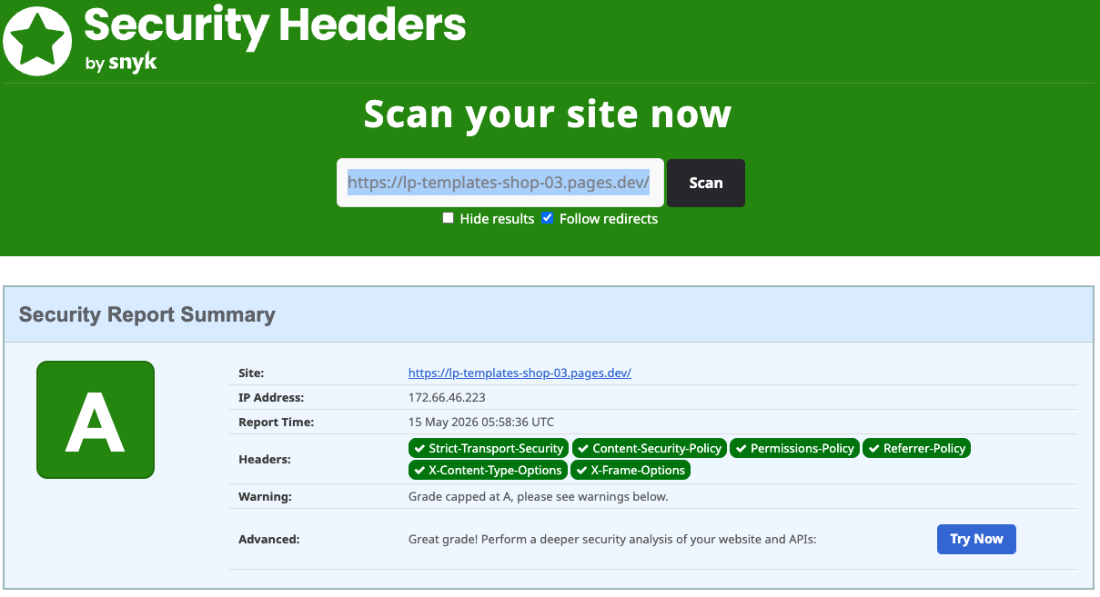 SecurityHeaders.com Grade A. All major headers present.