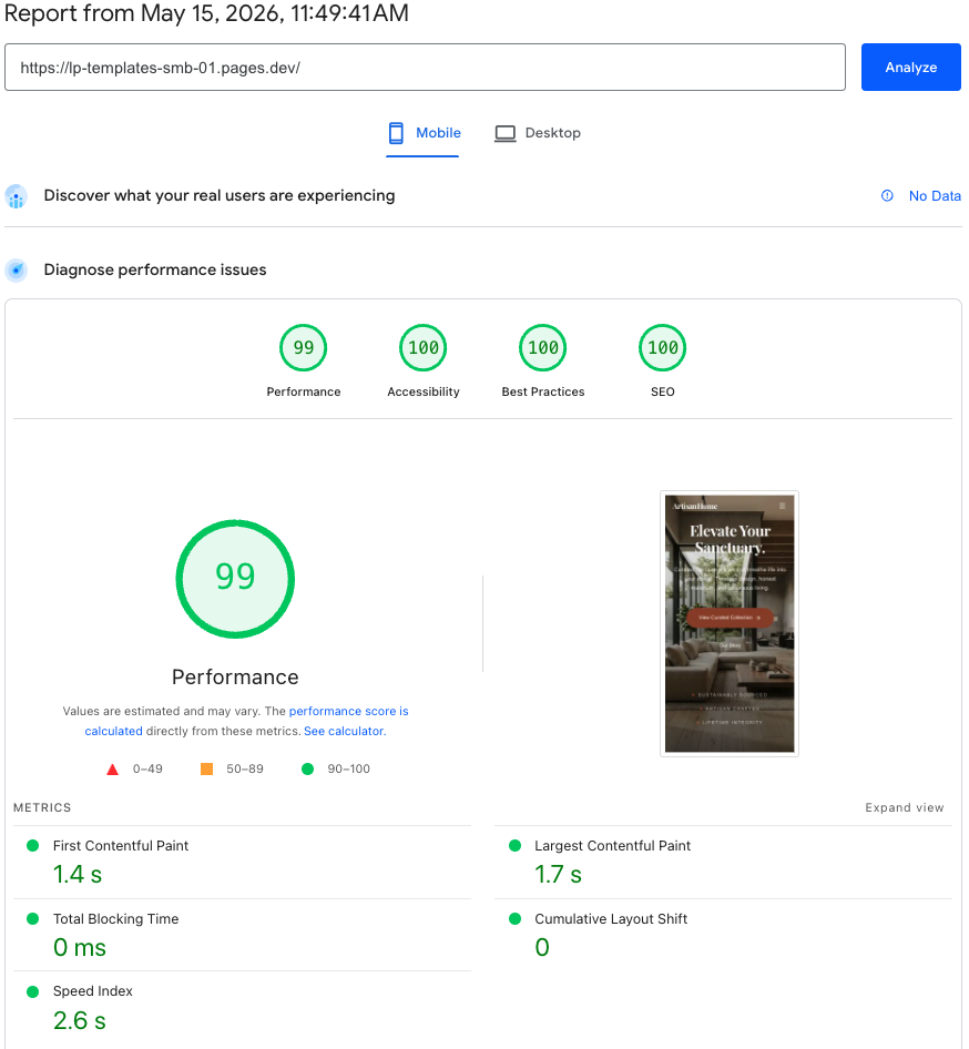 PageSpeed Insights 97/99. Performance, Accessibility, Best Practices, SEO.