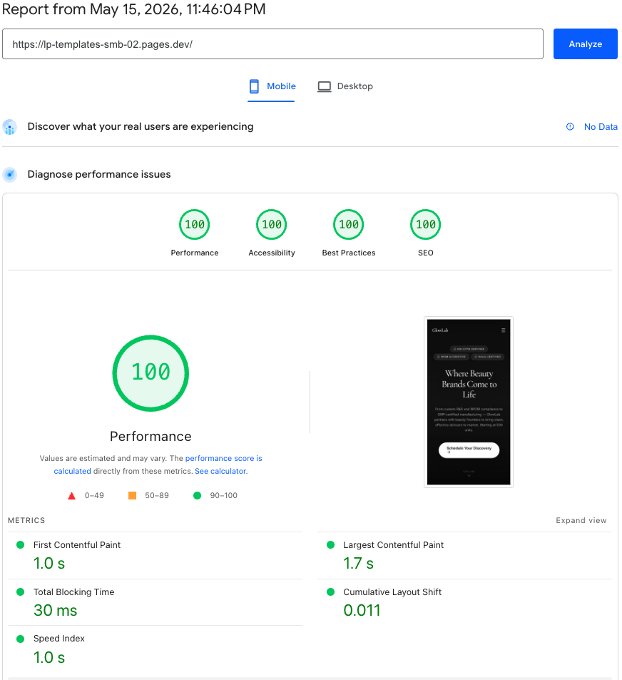 PageSpeed Insights 96/99. Performance, Accessibility, Best Practices, SEO.