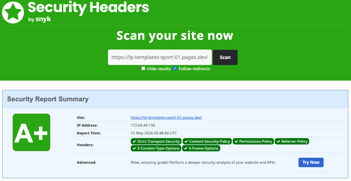SecurityHeaders.com Grade A. All major headers present.