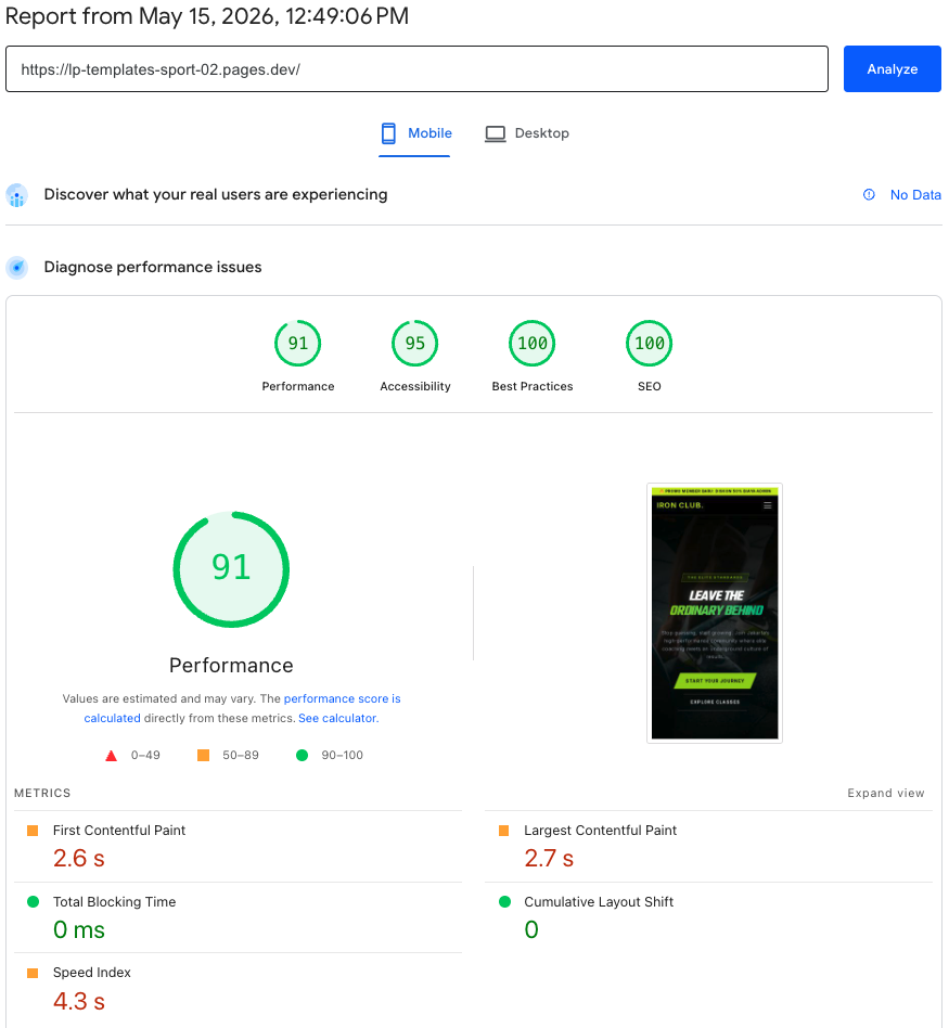 PageSpeed Insights 95/98. Performance, Accessibility, Best Practices, SEO.